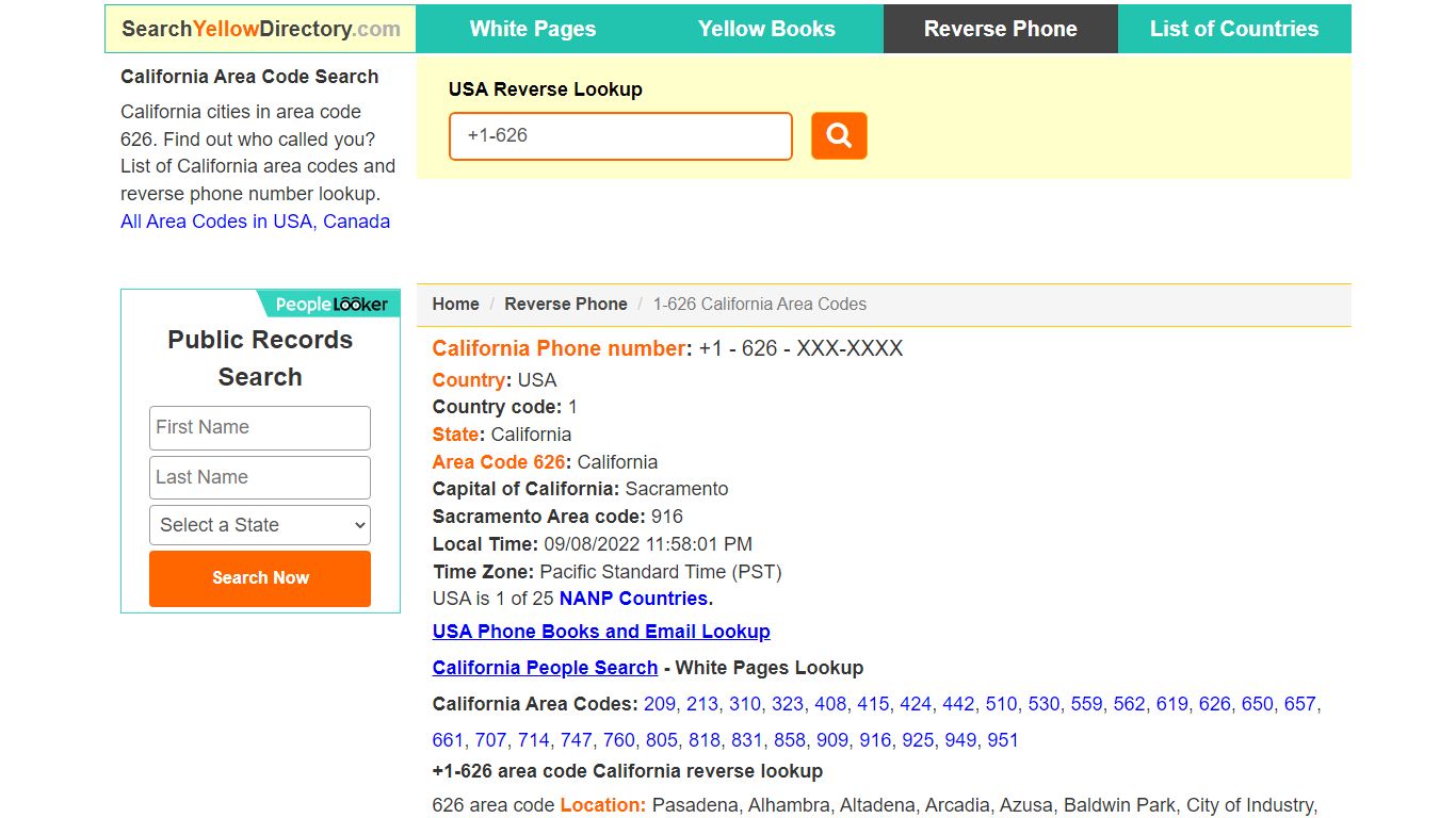 California Area Code 626 Reverse Phone Number Lookup